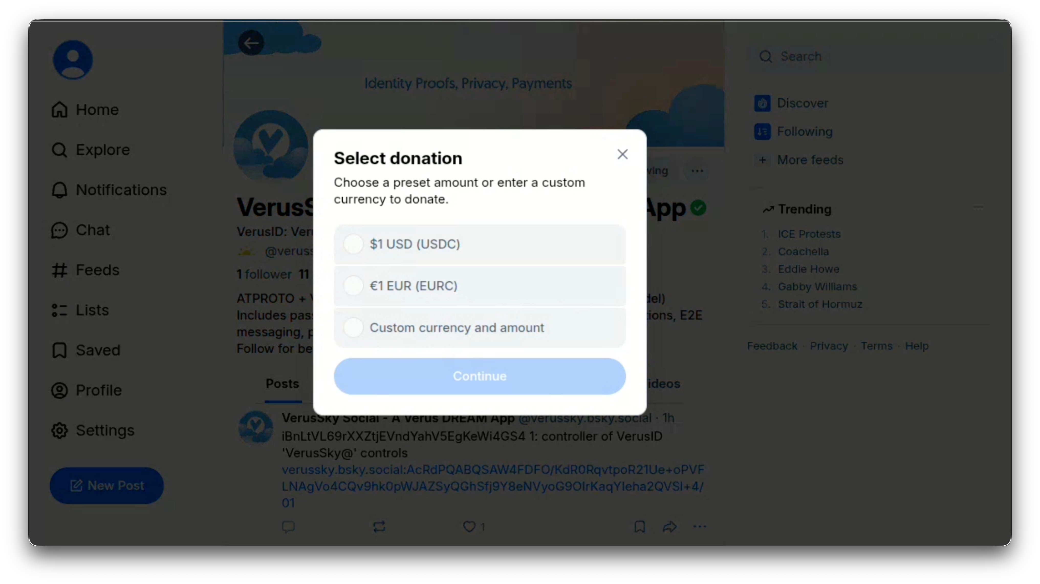 VerusSky donation interface